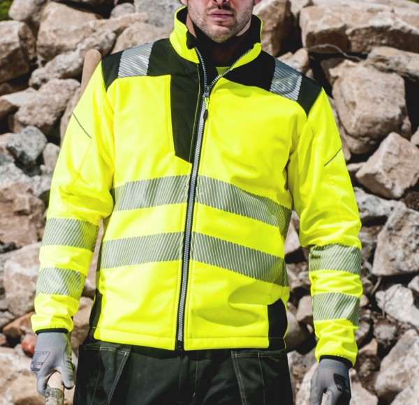 moderne Softshelljacke Warnschutzjacke atmungsaktiv mit segmentierten Streifen gelb schwarz
